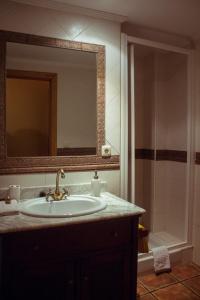 a bathroom with a sink and a mirror and a shower at Casa rural Bal D'Onsella in Lobera de Onsella +31 photos