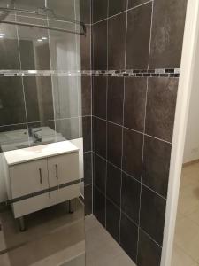 a bathroom with a sink and a shower with a mirror at bienvenus chez Éric à Montévrain in Montévrain