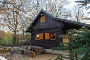 a black cabin with a picnic table in front of it at WOODEN HOUSE near the River Kupa in Kamanje