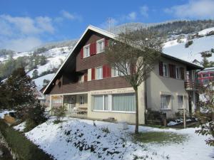 a house with snow on the ground in front of it at Landhaus an der Thur in Alt Sankt Johann