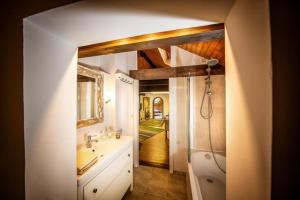 un bagno con lavandino e doccia di Atelier Kurt a Hinterbrühl