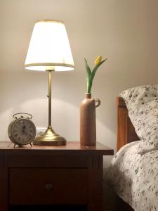 eine Lampe und eine Vase auf einem Nachttisch neben einem Bett in der Unterkunft Janicsár Garden Apartman in Eger
