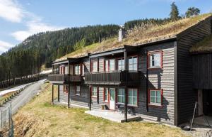 a building with a grass roof on a hill at Voss - Apartment with panoramic view in Skulestadmo