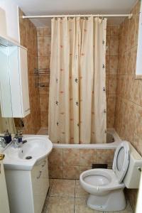 a bathroom with a toilet and a sink and a shower curtain at Apartments Anamarija in Makarska +42 photos