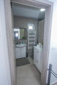 ein Badezimmer mit Waschbecken und Spiegel in der Unterkunft Apartman ART in Bihać + 19 Fotos