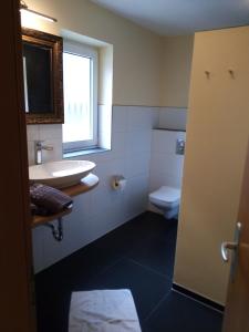 a bathroom with a sink and a toilet and a window at Boardinghouse Stadtmauer in Schwandorf in Bayern