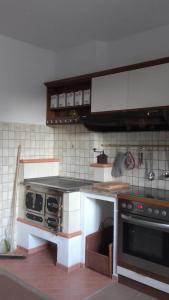a kitchen with a stove top oven in a room at Auszeit in Göstling an der Ybbs
