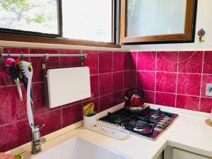 a kitchen with pink tiled walls and a sink at A casa dei Sasso, Laetitia Suite in Positano