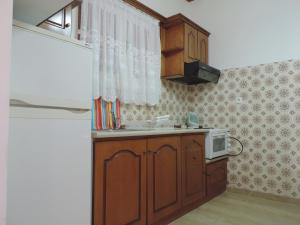 een keuken met een wastafel en een magnetron bij APARTMENTS PELI-MARIA in Agios Stefanos