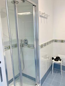 um chuveiro com uma porta de vidro na casa de banho em Angelina Apartments Amalfi Coast em Maiori