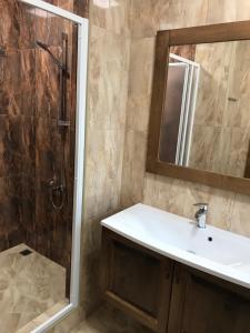 een badkamer met een wastafel en een douche bij Апартаменты Solnce Karpat in Polyana