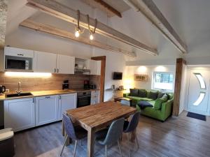 a kitchen and living room with a table and a green couch at Doppelhaushälfte Nordwind vom Naturhof Usedom in Bannemin