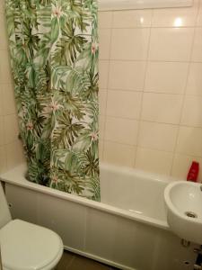 Apartment Arena Riga quiet center FREE PARKING في ريغا: حمام مع مرحاض وستارة دش