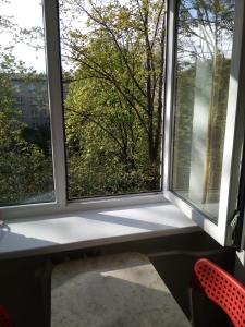 Apartment Arena Riga quiet center FREE PARKING في ريغا: جلسة نافذة مطلة على شجرة