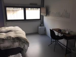 1 dormitorio con cama, escritorio y ventana en Reiwa, en Ámsterdam
