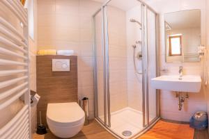 a bathroom with a shower and a toilet and a sink at Appartement Holzknecht in Sölden