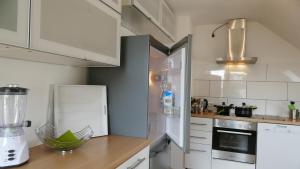 guest apartment niederalfingen في Hüttlingen: مطبخ مع دواليب بيضاء وخلاط على كونتر