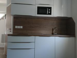 a kitchen with a sink and a microwave at Apartments Barbic in Medulin