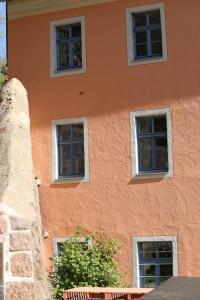 邁森的住宿－Stadtvilla Rosengasse 7，一座橙色的建筑,有四个窗户