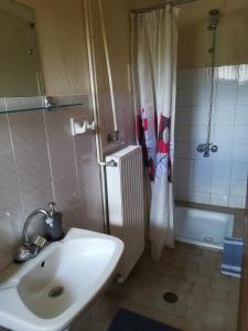 a bathroom with a sink and a shower and a tub at Amanitis Stone House in Kipoi