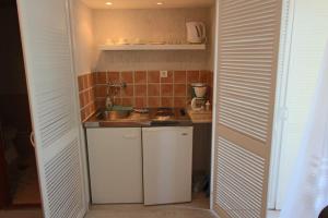 uma pequena cozinha com um lavatório e uma bancada em Ariel apartmanok em Siófok
