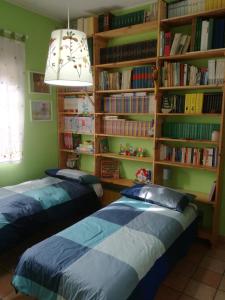 ザッフェラーナ・エトネーアにあるCasa Vacanze Prato Verdeの本棚付きの部屋のベッド2台