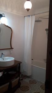 a bathroom with a sink and a shower curtain at VILLA MARIA in Vilches