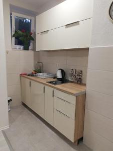 una pequeña cocina con armarios blancos y fregadero en Apartman Gosto, en Mostar