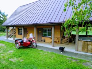 una motocicleta estacionada frente a una casa con un perro en Risti kodumajutus, en Lemsi