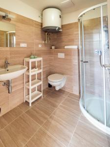 y baño con ducha, aseo y lavamanos. en Penzion Pastouška s pohostinstvím en Moravský Krumlov