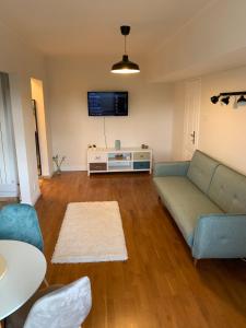 a living room with a couch and a tv at Floreasca Apartment Bach in Bucharest