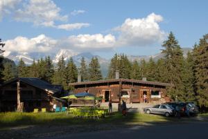 a log cabin with a car parked in front of it at Hôtel Chalet Le Caribou in Les Saisies