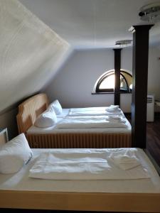 two twin beds in a room with a window at Hotel Zum goldenen Stern in Leibsch