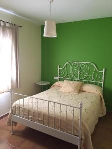 a green bedroom with a bed and a green wall at Apartamentos Turisticos Rurales El Pua in Cazalla de la Sierra