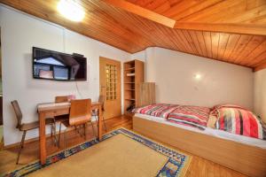 um quarto com uma cama, uma secretária e uma televisão em Apartment Viki em Kranjska Gora