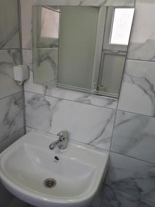 a bathroom with a white sink and a mirror at Edelweiss Hostel in Štip