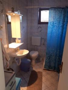 a small bathroom with a toilet and a sink at Edelweiss Hostel in Štip