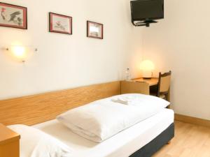 um quarto com uma cama, uma secretária e uma televisão em Hotel Moon em Düsseldorf