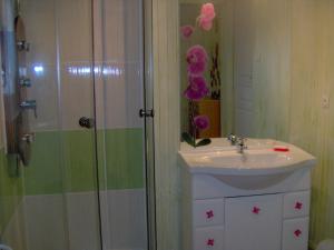 a bathroom with a sink and shower with pink flowers on the wall at Appartement au coeur du pays basque : vue superbe in Saint-Esteben
