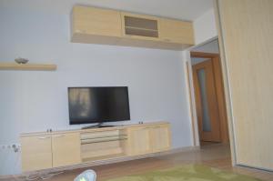 a living room with a flat screen tv on a wall at Telepes Apartman in Budapest