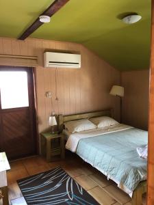 a bedroom with a bed and a green ceiling at Pensiunea Iona in Baia Mare