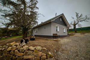 a dog sitting on a rock wall in front of a house at Bagger's Ferienhaus in Timmenrode