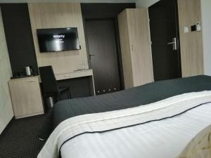 サンドミエシュにあるWilla Sandomierskaのベッド1台、薄型テレビが備わるホテルルームです。