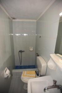 uma casa de banho com um chuveiro, um WC e um lavatório. em Stelios Rooms to Rent em Chania Town