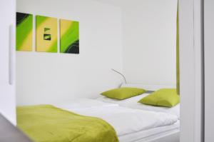 1 Schlafzimmer mit 2 Betten und grünen Kissen in der Unterkunft Traditional Apartments Vienna TAV in Wien