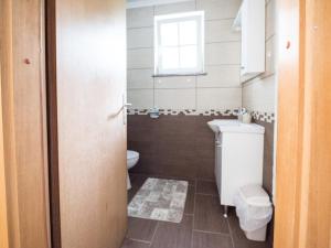 a bathroom with a toilet and a sink and a window at Apartma Matajurc in Trnovo ob Soči
