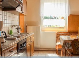 a kitchen with a stove and a table and a window at Villa Sonnenschein in Ziethen