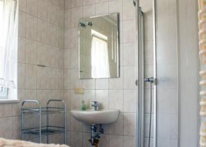 a bathroom with a sink and a shower with a mirror at Villa Sonnenschein in Ziethen