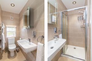 two images of a bathroom with a sink and a toilet at stilworth house in Helmsley