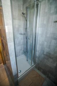 een douche met een glazen deur in een badkamer bij Apartament Stanisława in Zakopane